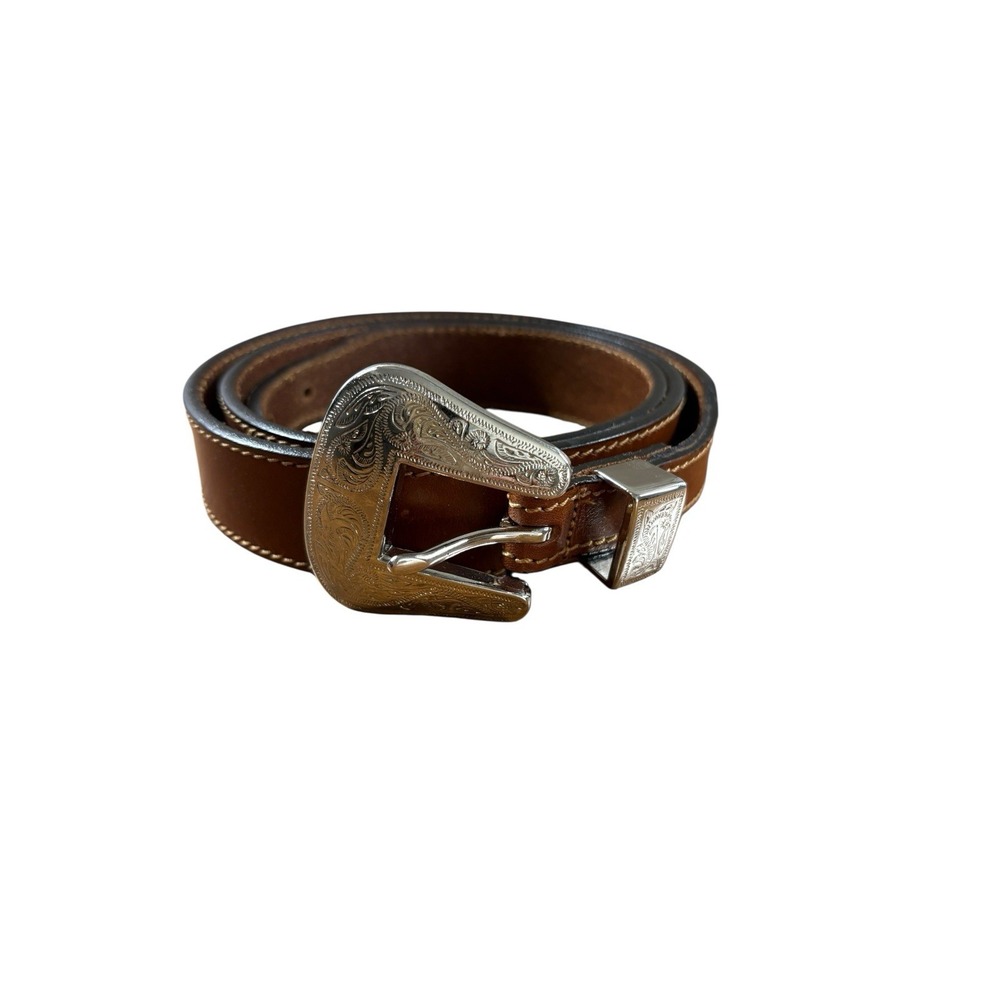 Merona Belt Silver Belt Buckle Stitched Brown‎ Leather Western Cowgirl New
